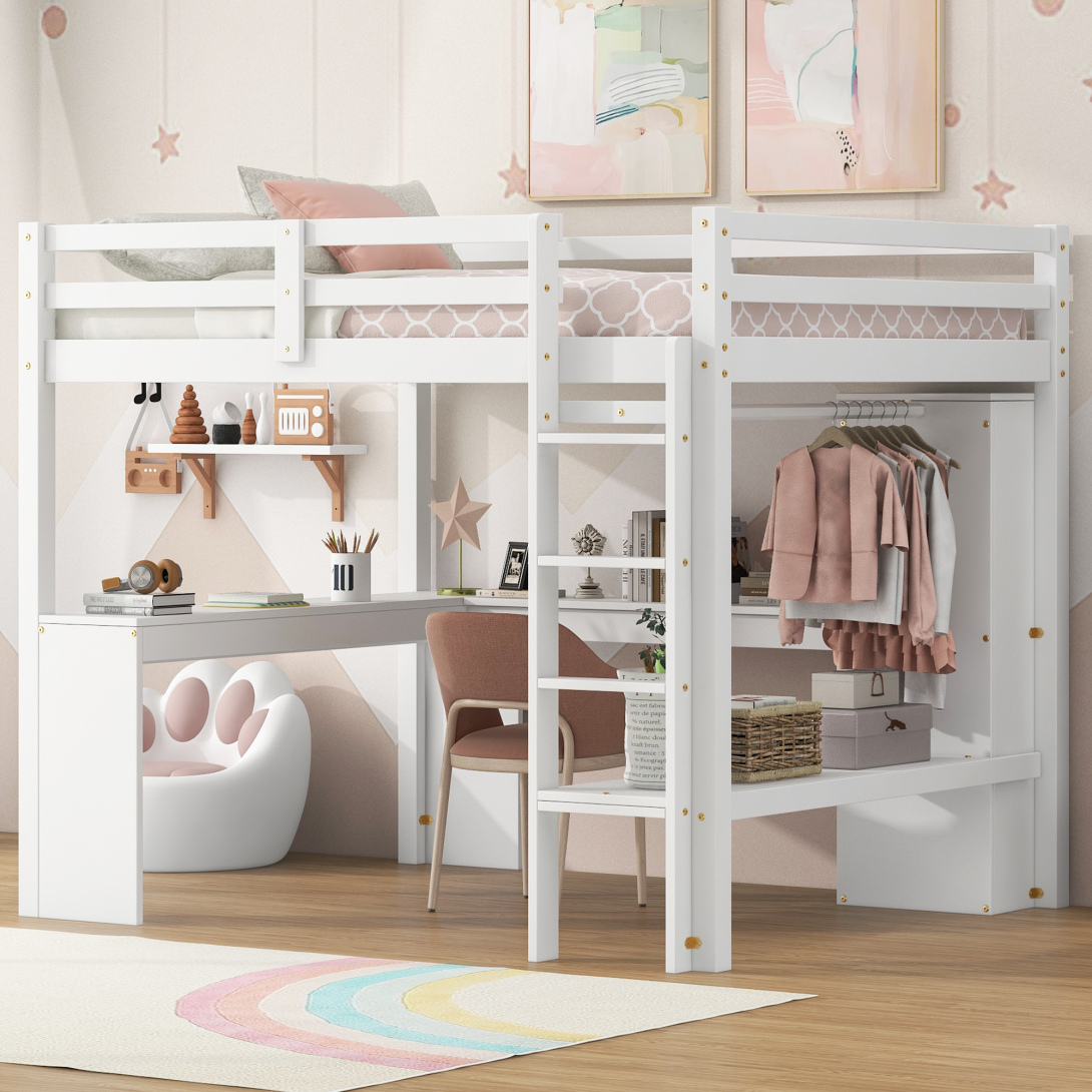 Full Size Loft Bed, Wooden Bed Frame with L-Shaped Desk, Storage Shelves, Ladder, Hanging Rod, Multi-Functional Wooden Loft Bed for Bedroom, Guest Room, Kids' Room, White